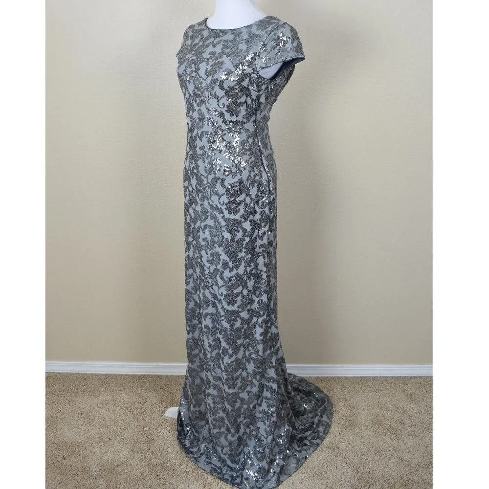 Calvin Klein Silver Sequin Cap Sleeve Backless Long Formal Dress 6 - Picture 3 of 10
